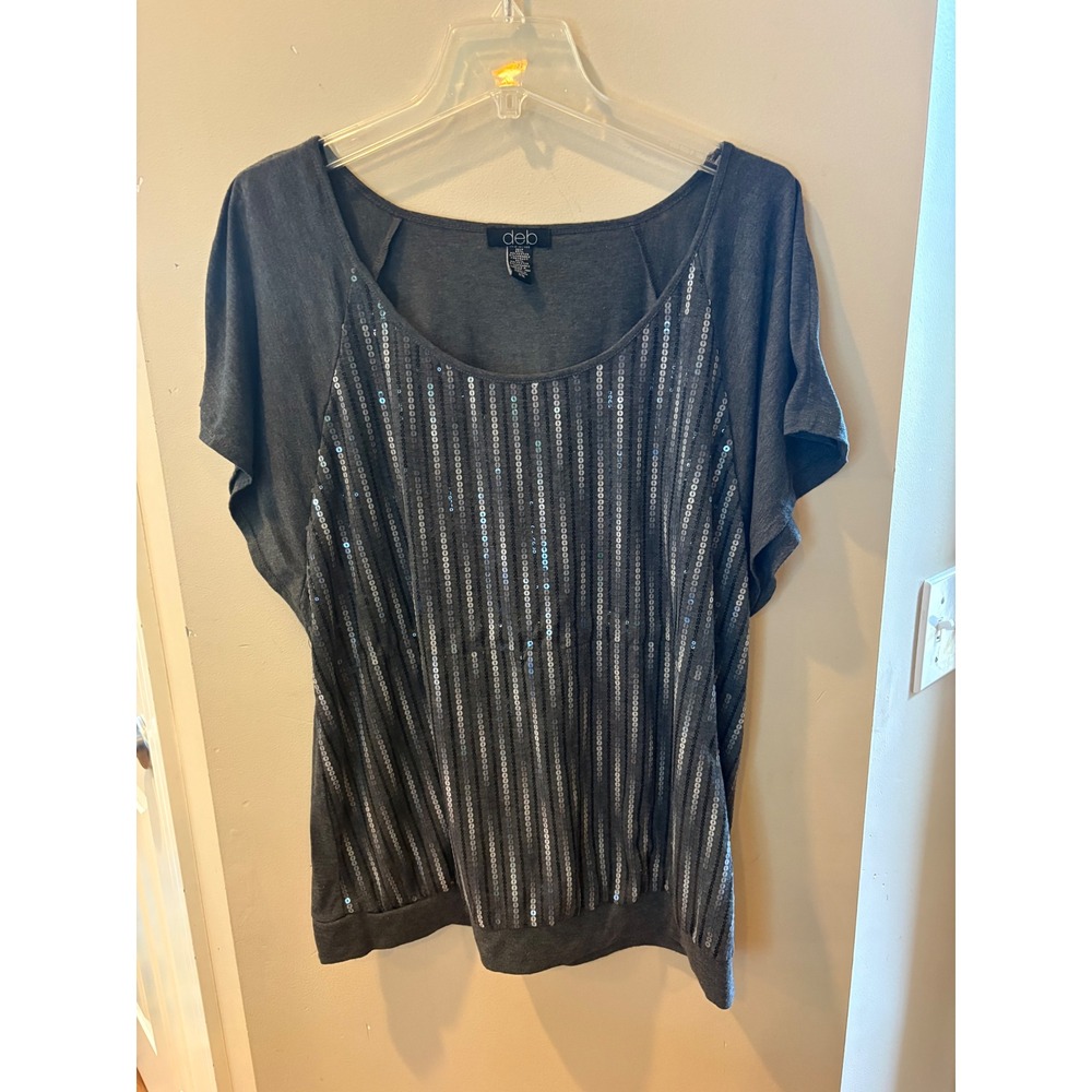 Deb Womens size 2X Charcoal Gray Y2K Sequin Stripe Short Sleeve Banded Hem Top